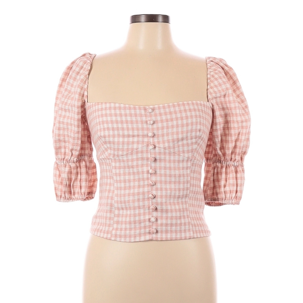 Reformation Pink Linen Gingham Blouse